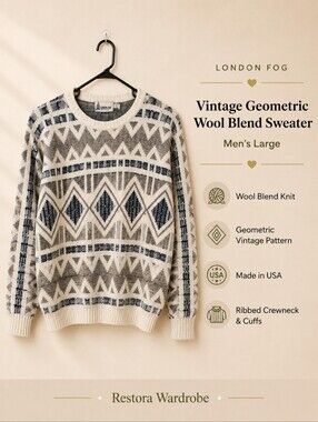 Vintage London Fog Men’s L Geometric Wool Blend Crewneck Sweater